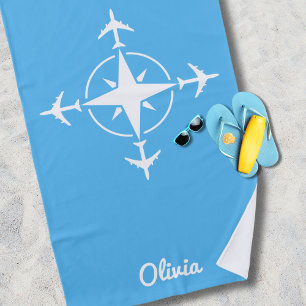 Simple Modern Compass and Airplane Travel Custom Beach Towel