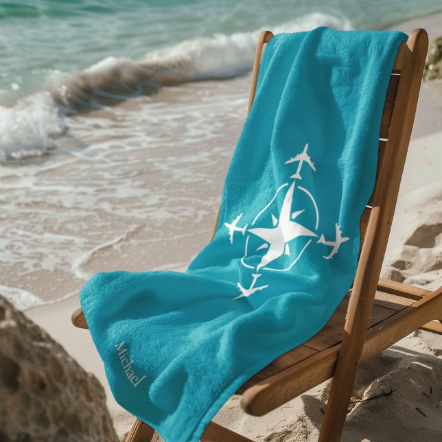 Simple Modern Compass and Airplane, Travel Custom Beach Towel (Creator Uploaded)