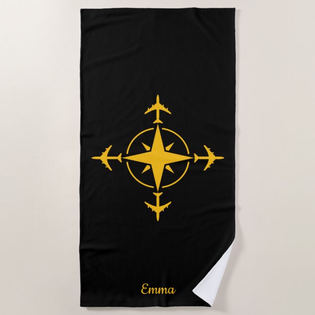Simple Modern Compass and Airplane, Travel Custom Beach Towel (Front)