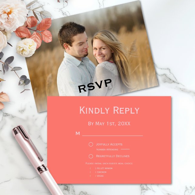 Simple Modern Coral and Pink Photo Wedding RSVP Card (Simple coral and pink modern wedding rsvp card with photo)