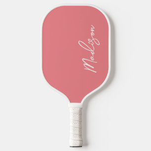Simple Modern Coral Pink Script Monogram Name Pickleball Paddle