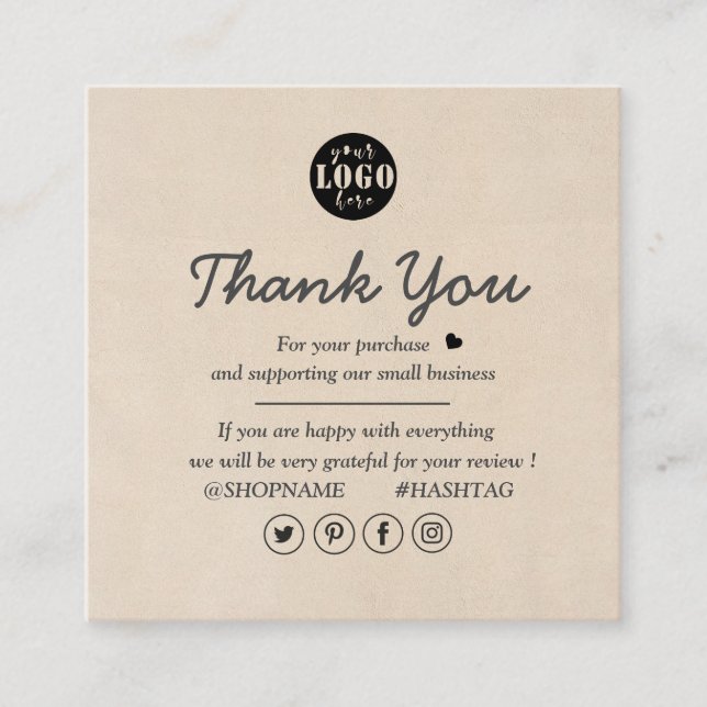 Simple Modern Cream Custom Logo Thank You  Square Business Card (Front)