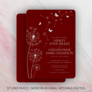 Simple Modern Crimson Red Dandelion Wedding Invitation