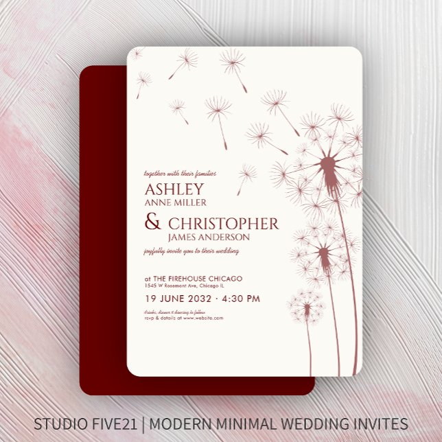 Simple Modern Crimson Red Dandelion Wedding Invitation (Creator Uploaded)