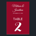 Simple modern crimson red elegant wedding table number<br><div class="desc">Simple and elegant minimalist wedding table number card featuring a stylish white script over a crimson red background. Easily customizable with the bride and groom's names, the wedding date, and the table number. For further personalization or custom orders, feel free to contact me at acherryonthecake@hotmail.com (please allow 1-2 working days)....</div>