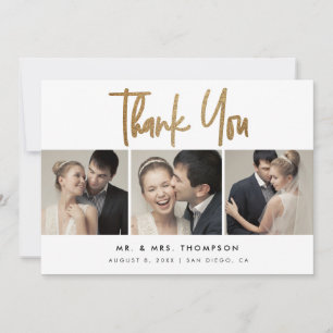 Simple Modern Custom 3 Wedding Photos Thank You Card