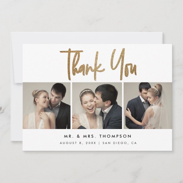 Simple Modern Custom 3 Wedding Photos  Thank You Card (Front)