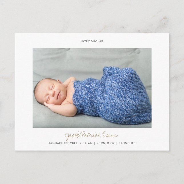 Simple Modern Custom Gold Script Boy or Girl Birth Announcement Postcard (Front)