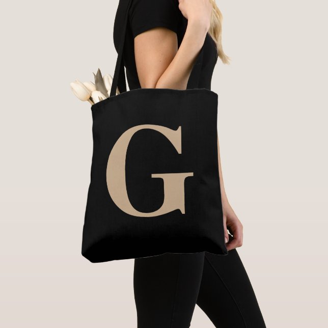 Simple Modern Custom Initial Black and Beige Tote Bag (Close Up)