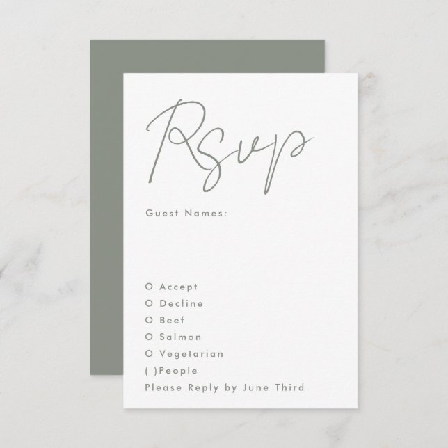 Simple Modern Custom Names Sage Green White RSVP Card (Front/Back)