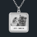 Simple, Modern Custom Pet or People Photo Silver Plated Necklace<br><div class="desc">Add your own photo and text to create a unique photo gift. This necklace or pendant is ready to be customized with your photo and your own names or message in distressed black typewriter style lettering. The simple, modern black and white style looks great with black and white or colour...</div>
