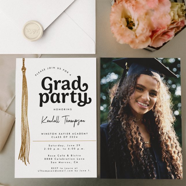 Simple modern Custom photo Graduation Party Invitation (SImple, Grad Party custom photo with gold tassle invitation)