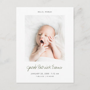 Simple Modern Custom Photo New Baby Birth Announcement Postcard