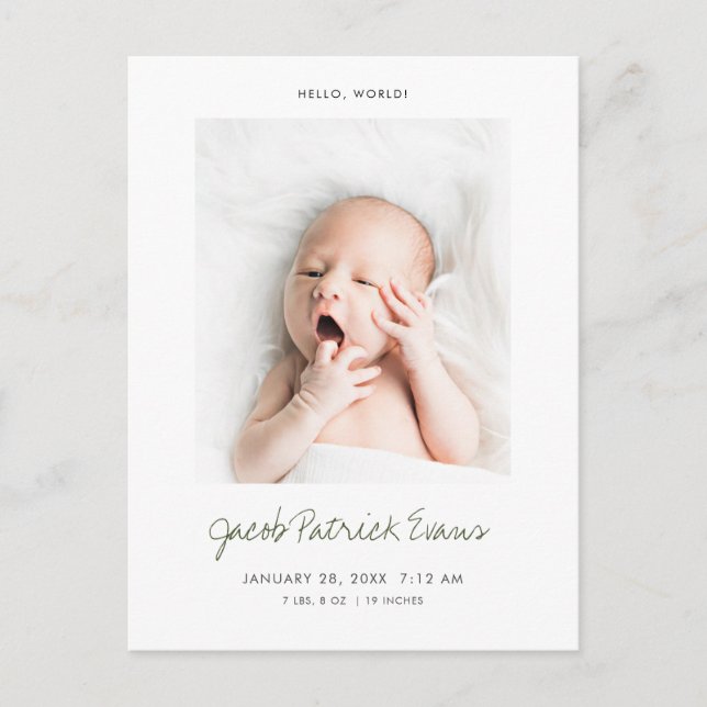 Simple Modern Custom Photo New Baby Birth Announcement Postcard (Front)