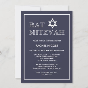 Simple Modern Dark Blue and White Bat Mitzvah Invitation