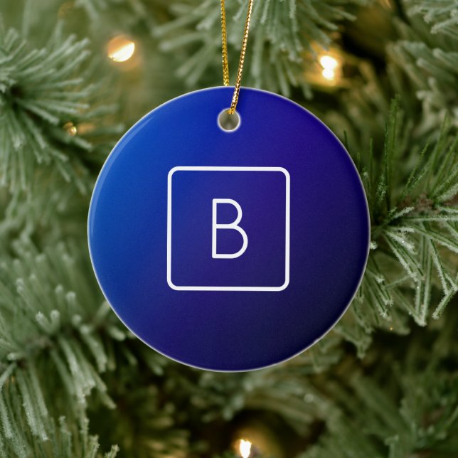 Simple Modern Dark Blue Ombre Gradient & Monogram Ceramic Ornament (Tree)