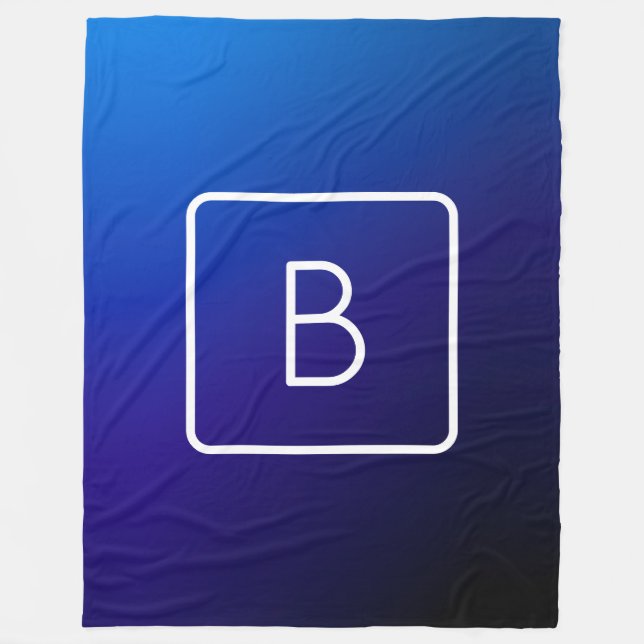 Simple Modern Dark Blue Ombre Gradient & Monogram Fleece Blanket (Front)