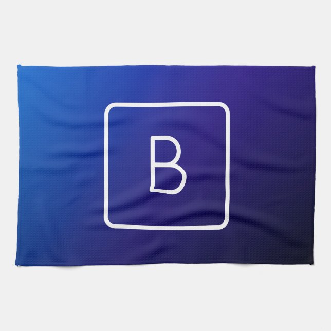 Simple Modern Dark Blue Ombre Gradient & Monogram Kitchen Towel (Horizontal)