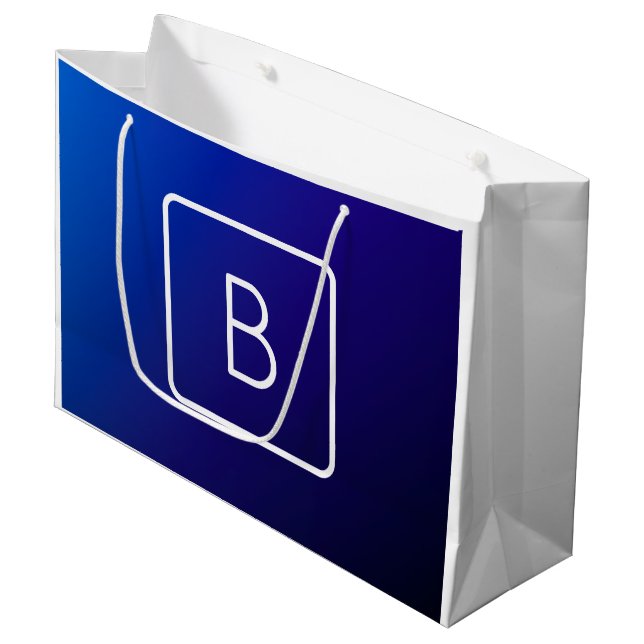 Simple Modern Dark Blue Ombre Gradient & Monogram Large Gift Bag (Front Angled)