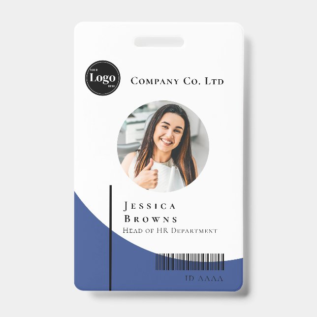 Simple Modern Deep Blue Business Employee Barcode Badge (Front)
