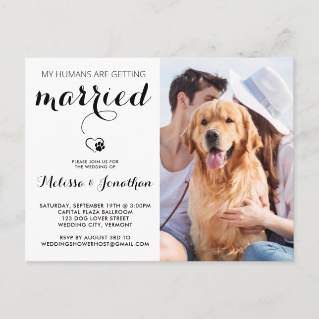Simple Modern Dog Photo Personalized Pet Wedding Invitation Postcard (Front)
