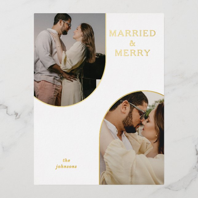 Simple Modern Double Arch Two Photo   Foil Holiday Postcard (Front)