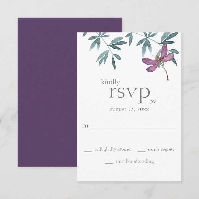Simple Modern Dragonfly Garden Greenery Wedding RSVP Card (Front/Back)