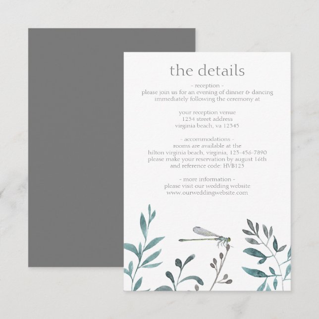 Simple Modern Dragonfly Greenery Wedding Details Enclosure Card (Front/Back)