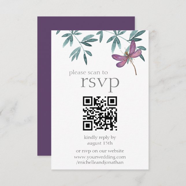 Simple Modern Dragonfly Greenery Wedding QR Code RSVP Card (Front/Back)