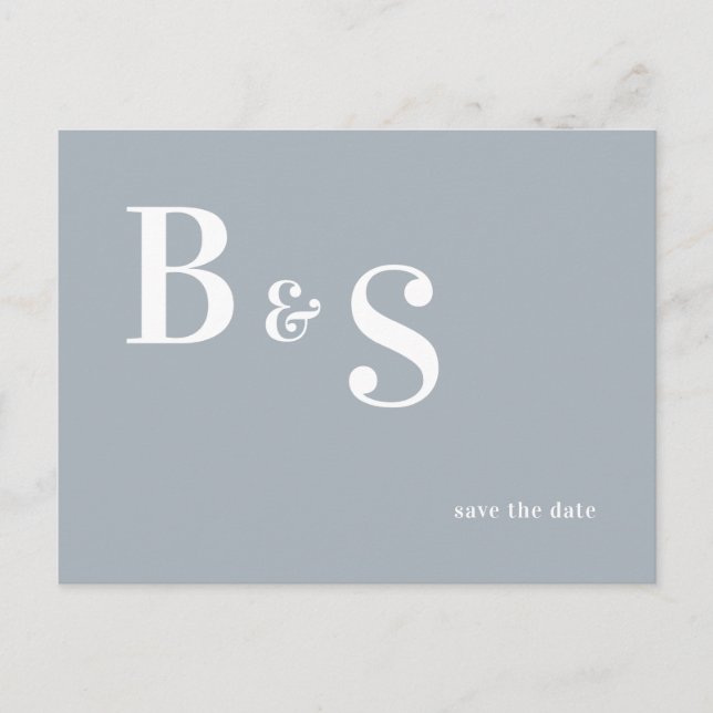 Simple Modern Dusty Blue Monogram Save the Date QR Postcard (Front)