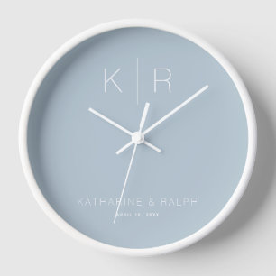Simple Modern Dusty Blue Monogram Wedding Clock