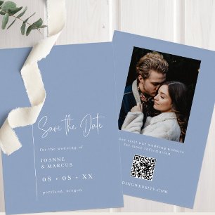 Simple Modern Dusty Blue Photo & QR Code Save The Date