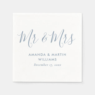 Simple Modern Dusty Blue Script Mr and Mrs Wedding Napkin