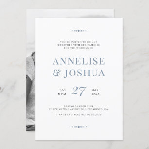 Simple modern dusty blue script photo wedding invitation