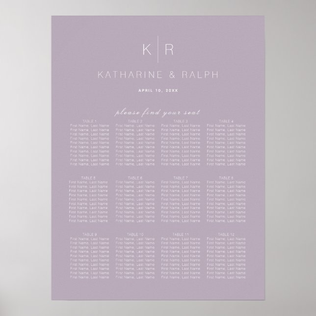 Simple Modern Dusty Lilac Wedding Seating Chart (Front)