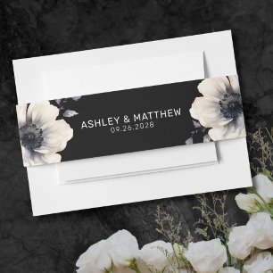 Simple Modern Elegant Black Floral Wedding Invitation Belly Band
