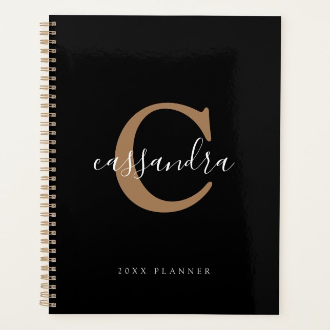 Simple Modern Elegant Black Gold Monogrammed Planner (Front)