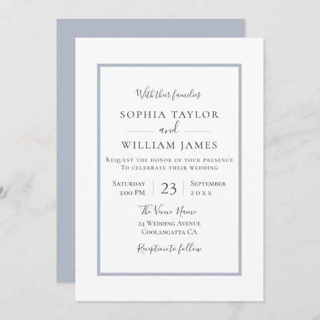 Simple Modern Elegant Blue Border Script Wedding Invitation (Front/Back)