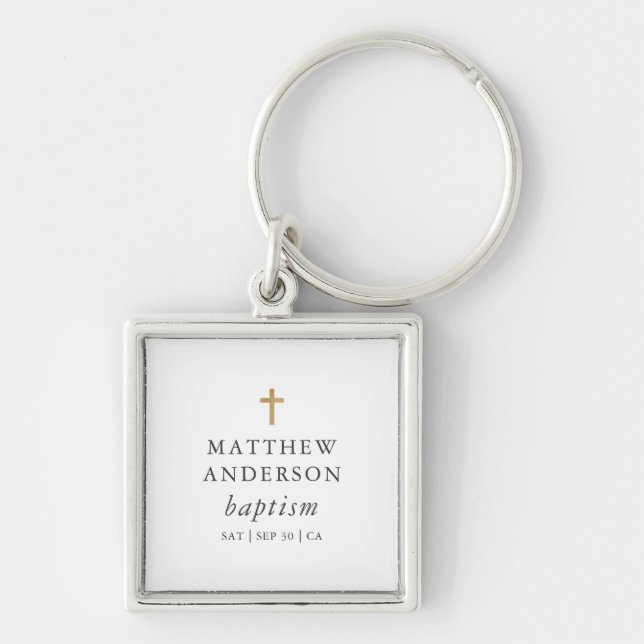 Simple Modern Elegant Cross Baby Baptism Keychain (Front)