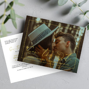 Simple modern elegant gold script photo wedding announcement postcard