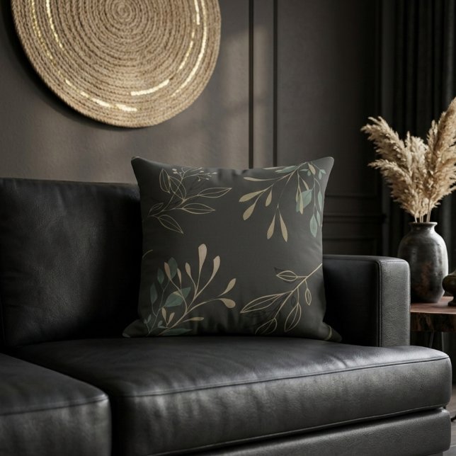 Simple Modern Elegant Leaves Dark Grey Throw Pillow (Creator Uploaded)