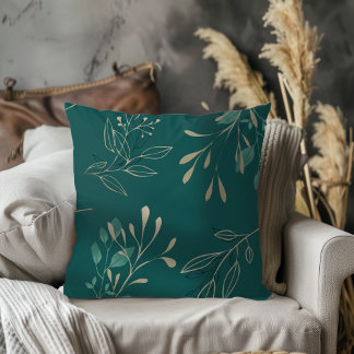 Simple Modern Elegant Leaves Dark Teal Throw Pillow
