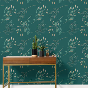 Simple Modern Elegant Leaves Dark Teal Wallpaper