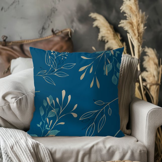 Simple Modern Elegant Leaves Ocean Blue Throw Pillow (Creator Uploaded)