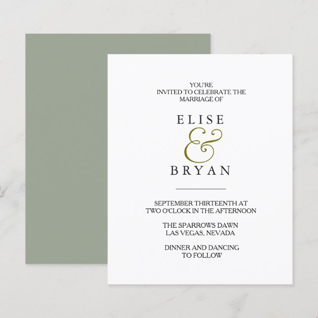 Simple Modern Elegant Low Priced Wedding Invite (Front/Back)