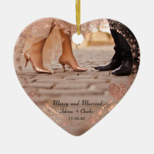 Simple Modern Elegant Married 2 Photo Christmas Ceramic Ornament