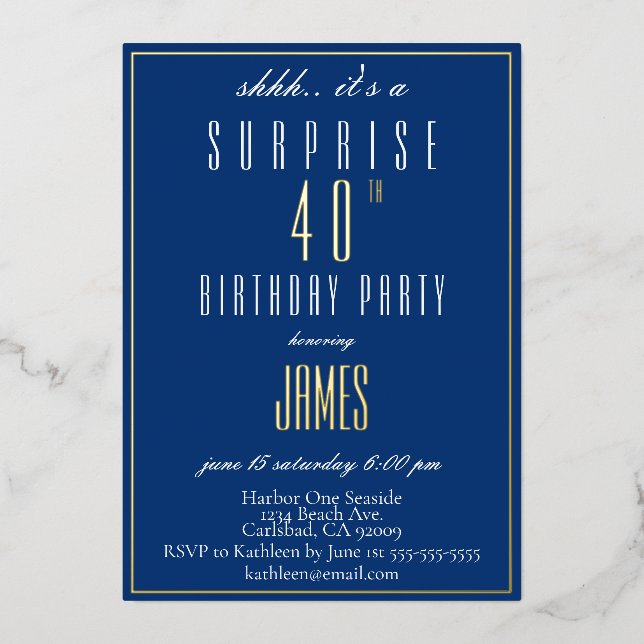 Simple Modern Elegant Navy 40th Birthday (Front)