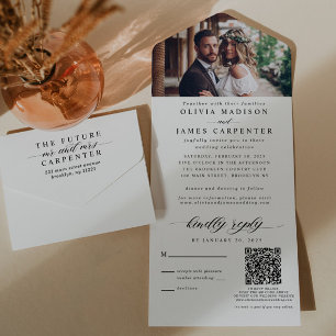 Simple Modern Elegant Photo RSVP QR Code Wedding All In One Invitation