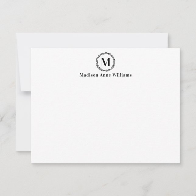 Simple Modern Elegant Rustic Wreath Monogram Black Card (Front)