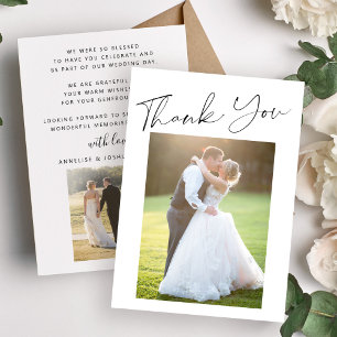 Simple modern elegant script 2 photos wedding thank you card